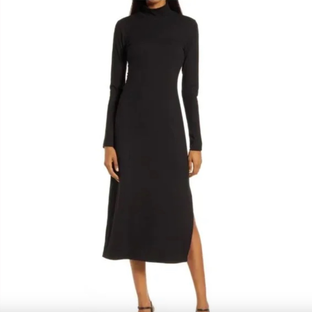 Charles Henry Black Mock-Neck Long Sleeve Stretchy Midi Old‎ Money Dress Size XS